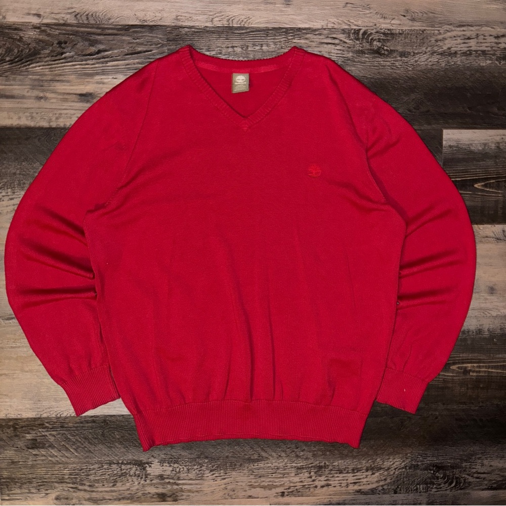 Vintage Timberland Men's V-Neck Sweater in beautiful red color